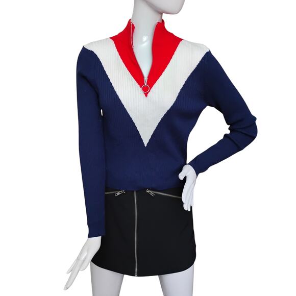 Trillium Ribbed Colorblock Top Size Large Blue, White and Red Zip Up Long Sleeve - Picture 3 of 7